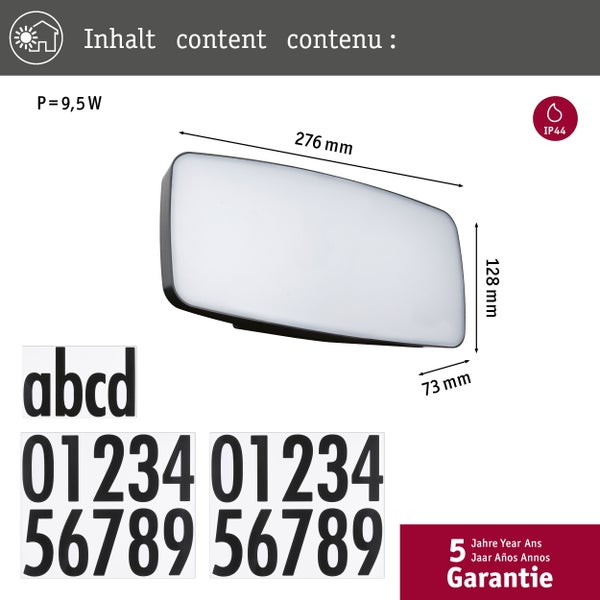 LED Hausnummernleuchte Sheera Dämmerungssensor Dämmerungsgesteuerter Bewegungsmelder (HF) seewasserresistent IP44 276x73mm 3000K 6,5W 460lm 230V Anthrazit Kunststoff