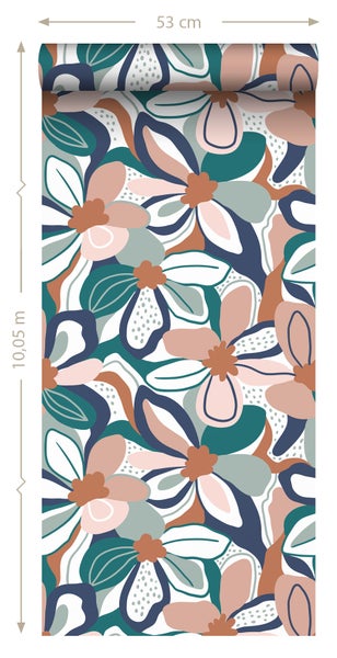 ESTAhome Tapete Blumenmuster Hellrosa, Terrakotta und Blau - 50 x 900 cm - 139630