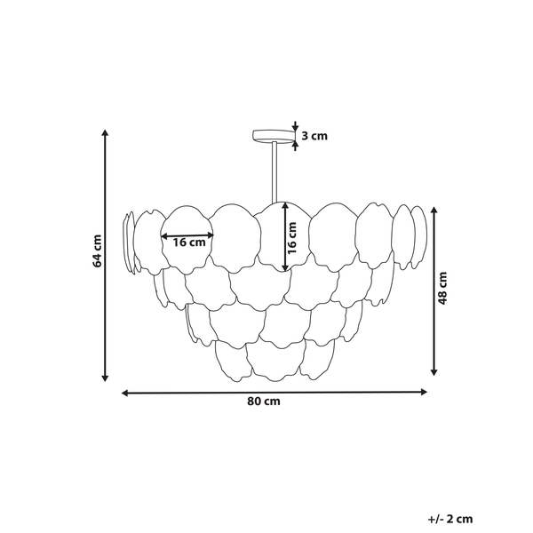 Abmessungen der Hängeleuchte: 64 cm Höhe, 80 cm Breite, 16 cm Tiefe, Deckenbefestigung 3 cm. Die Abweichung beträgt plusminus 2 cm.