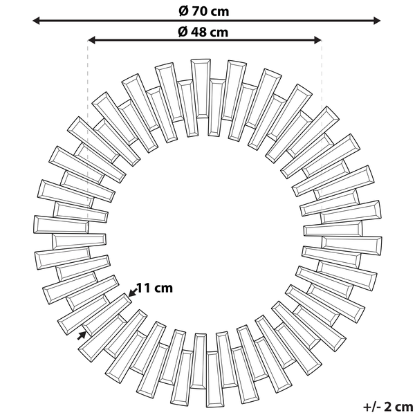 Abmessungen eines runden Spiegels mit einem Durchmesser von 70 Zentimetern und einem Innendurchmesser von 48 Zentimetern