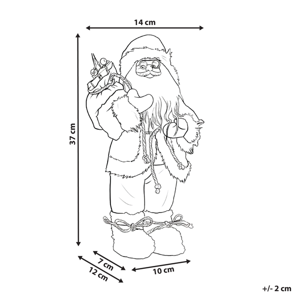 Abbildung eines Weihnachtsmannes mit Abmessungen: 37 cm Höhe, 14 cm Breite und Fußabmessungen von 7 cm und 10 cm Breite