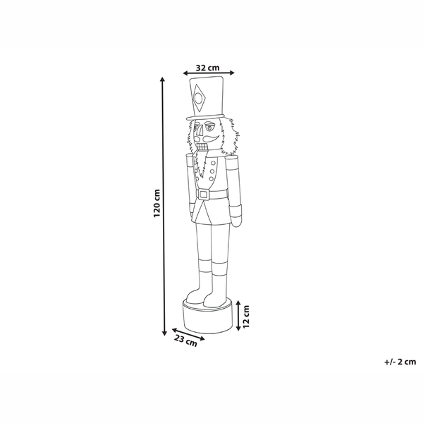 Skizze einer Nussknacker-Figur mit Abmessungen: Höhe 120 Zentimeter, Breite 32 Zentimeter, Tiefe 23 Zentimeter, Sockelhöhe 12 Zentimeter.