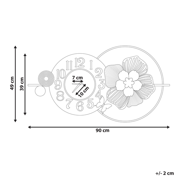 Technische Zeichnung einer Wanduhr mit Blumen- und Schmetterlingsdesign, Breite 90 Zentimeter, Höhe 49 Zentimeter, Zeiger 7 und 10 Zentimeter.