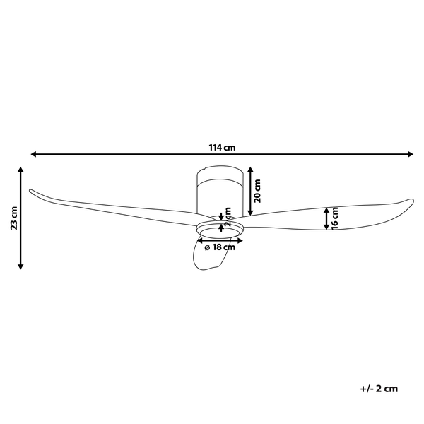 Technische Zeichnung eines Deckenventilators mit drei Flügeln und Leuchte, Maße: Durchmesser 114 Zentimeter und Gesamthöhe 23 Zentimeter.