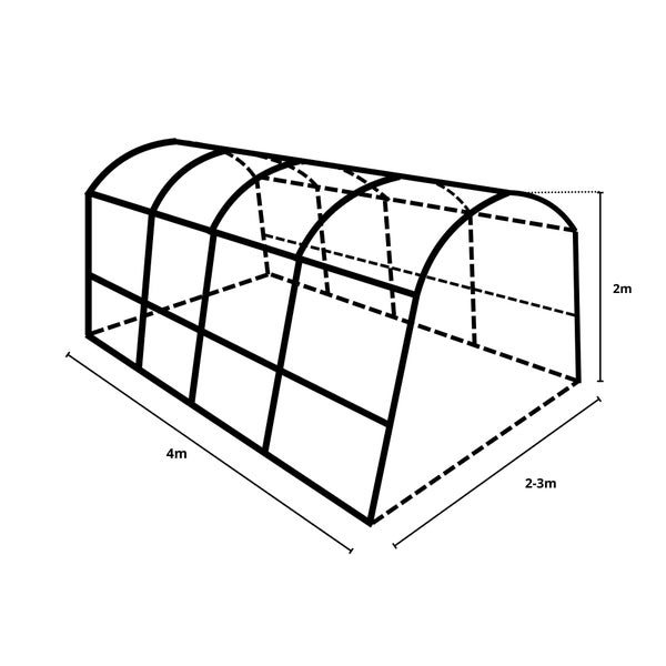 Abbildung eines Gewächshaustunnels mit den Maßen 4 Meter Länge, 2 Meter Höhe und 2 bis 3 Meter Breite