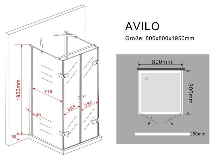 Technische Zeichnung einer Avilo Duschkabine mit den Maßen 800x800x1950 Millimeter