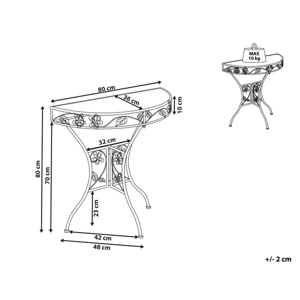 Dekorativer, halbkreisförmiger Beistelltisch aus Metall mit Blumen- und Blattmuster für den Garten.