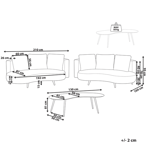Skizze eines Sofas und eines Tisches mit Maßangaben