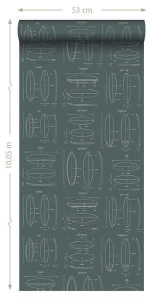 ESTAhome Tapete technische Zeichnungen von Surfbrettern Graugrün - 53 cm x 10.05 m - 128870