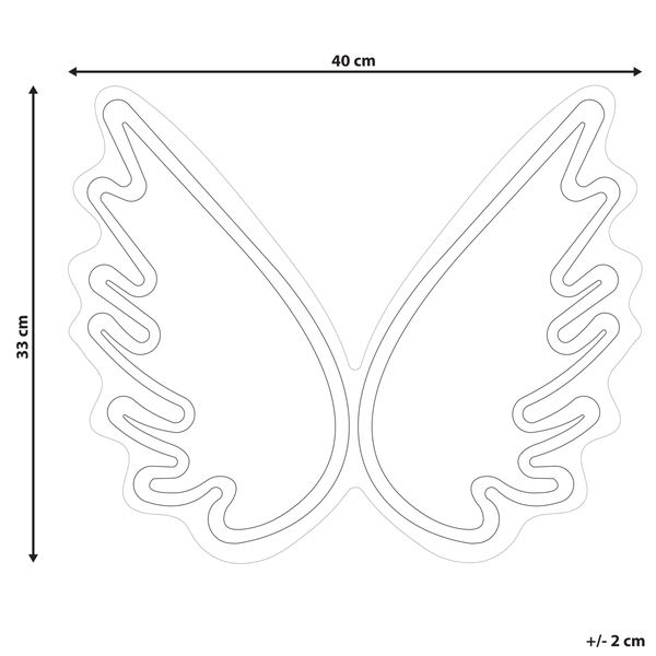 Abmessungen einer Engelsflügel-Dekoration: Breite 40 Zentimeter, Höhe 33 Zentimeter, Toleranz plus oder minus 2 Zentimeter.