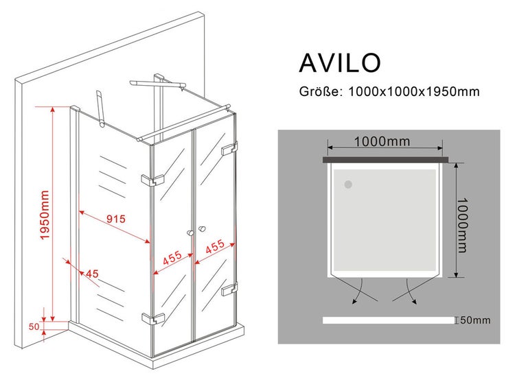 Technische Zeichnung der Avilo Dusche mit den Maßen 1000x1000x1950 Millimeter