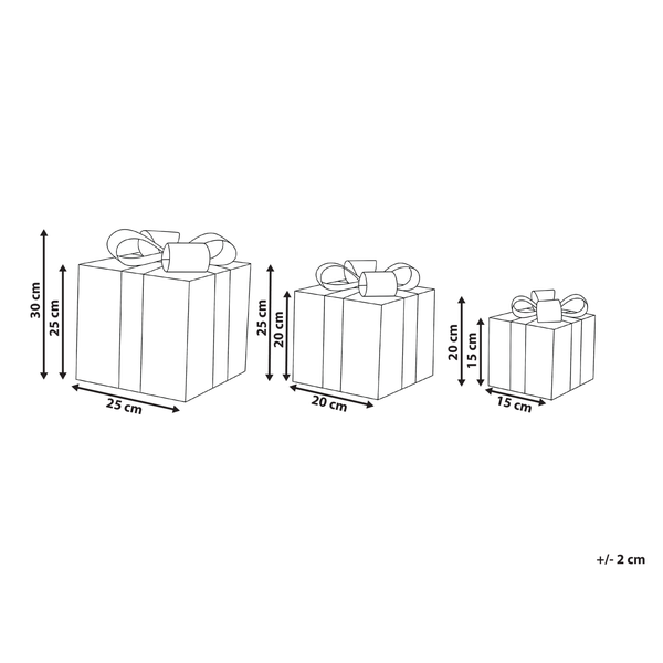 Abbildung von drei Geschenkpaketen in verschiedenen Größen mit Schleifen und Größenangaben.