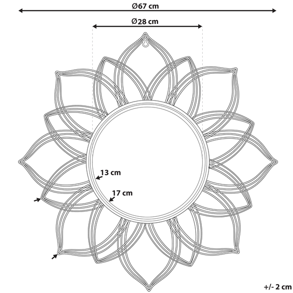 Technische Zeichnung eines Wandspiegels im Blumendesign mit Maßangaben: Durchmesser gesamt 67 cm, Durchmesser Spiegelglas 28 cm.