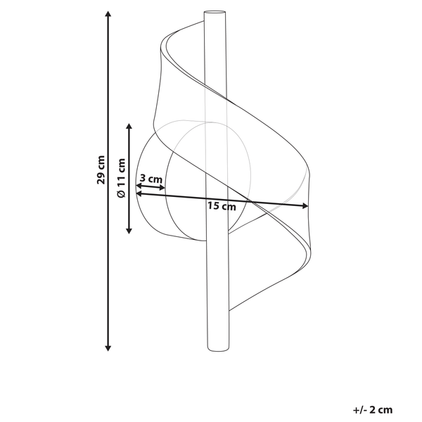 Abbildung der Abmessungen eines Windspiels: 29 cm Höhe, 11 cm Durchmesser, 15 cm Tiefe und 3 cm Abstand.