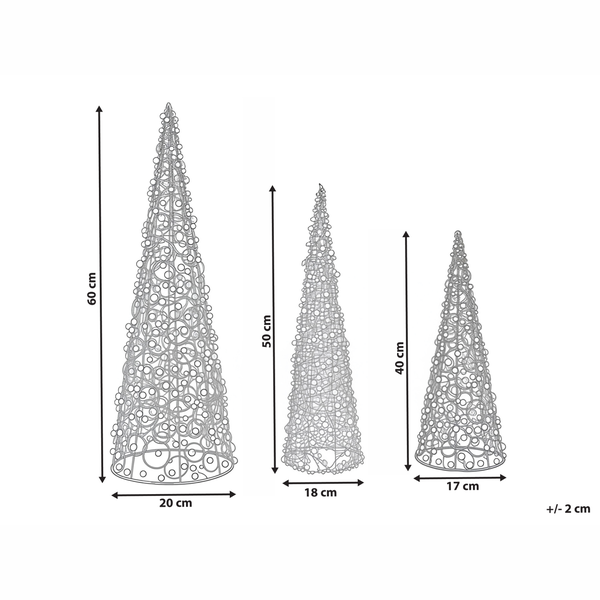 Abmessungen von drei Weihnachtsbaumdeko-Kegeln: 60 cm, 50 cm und 40 cm hoch.