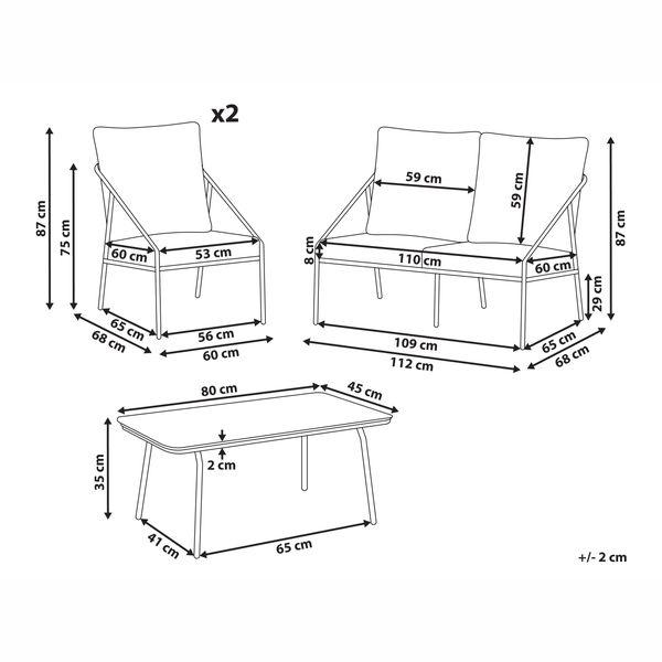 Abbildung eines Gartenmöbelsets mit Sofa, zwei Stühlen und Tisch mit Maßangaben