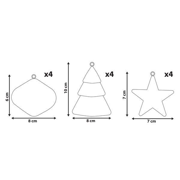 Abmessungen der Weihnachtsanhänger: Anhänger 6 mal 8 Zentimeter, Tannenbaum 10 mal 8 Zentimeter und Stern 7 mal 7 Zentimeter, jeweils 4 Stück.