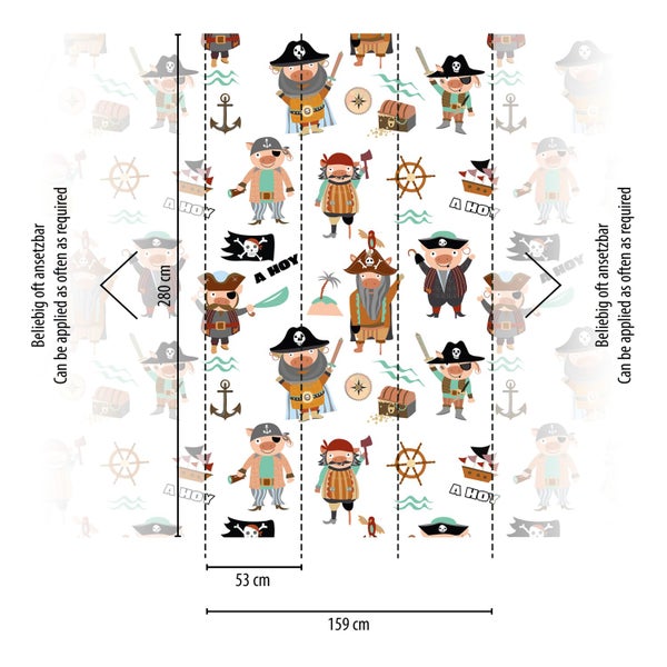 Tapete mit Piratenmotiven und Größenangaben