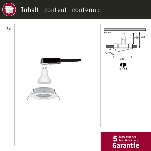 LED Einbauleuchte Nova Basisset schwenkbar rund 84mm 50° GU10 3x6,5W 3x460lm 230V 2700K Weiß matt