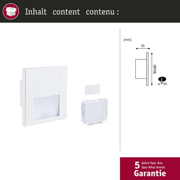 LED Wandeinbauleuchte Tsaro eckig 80x36mm 1W 80lm 230V 2700K Weiß matt