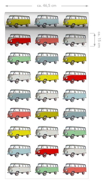 ESTAhome XXL-Vliestapete Vintage Volkswagen Transporter Gelb, Blau, Grau, Rot und Grün - 50 x 900 cm - 158713