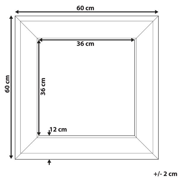 Technische Zeichnung eines Rahmens mit den Maßen 60 cm x 60 cm außen und 36 cm x 36 cm innen