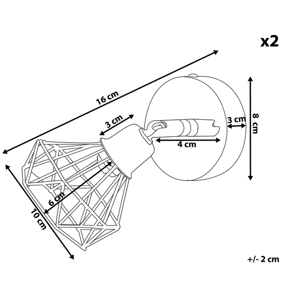 Technische Zeichnung einer Wandleuchte mit den Maßen 16 cm Länge, 10 cm Höhe und 8 cm Breite.