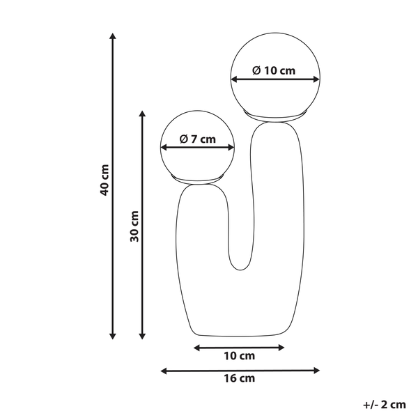 Abmessungen einer Lampe mit einem Durchmesser von 7 Zentimetern und 10 Zentimetern sowie einer Höhe von 40 Zentimetern