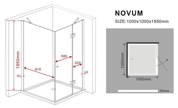 Technische Zeichnung einer Novum Duschkabine mit den Maßen 1000x1000x1950 Millimeter.