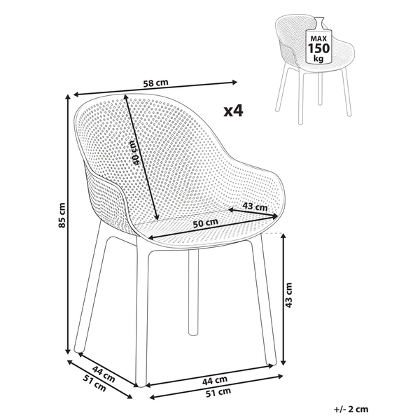 Abmessungen des Gartenstuhls, Viererpack
