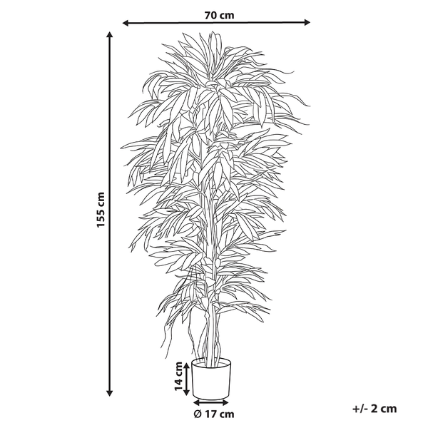 Skizze einer Kunstpflanze: Höhe 155 Zentimeter, Breite 70 Zentimeter, Topfhöhe 14 Zentimeter, Durchmesser 17 Zentimeter.