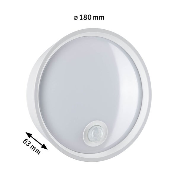 LED Außenwandleuchte Platomo Dämmerungsgesteuerter Bewegungsmelder (IR) seewasserresistent IP44 rund 180mm 3000K 14,5W 1200lm 230V Weiß Kunststoff