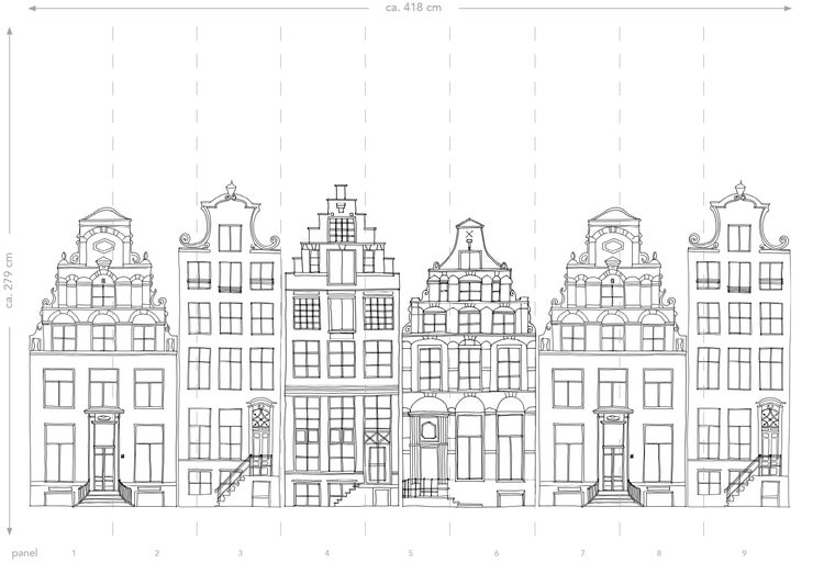 ESTAhome Fototapete gezeichnete Amsterdamer Grachtenhäuser Schwarz und Weiß - 450 x 279 cm - 159104