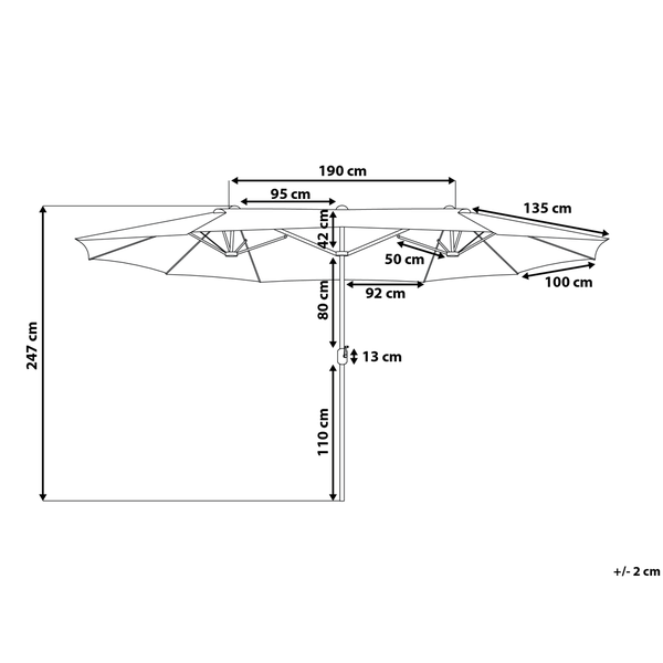 Technische Zeichnung eines Sonnenschirms mit Maßangaben in Zentimeter: Gesamthöhe 247, Breite 190 sowie weitere Detailmaße der Konstruktion.