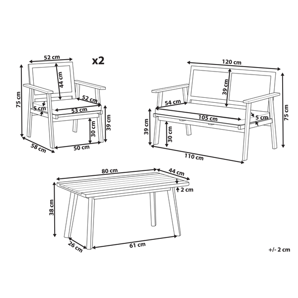 Abmessungen Gartenset mit zwei Stühlen, Bank und Tisch