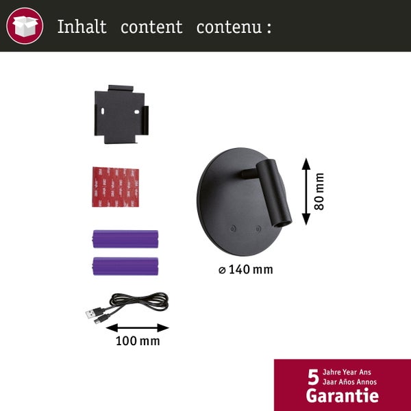 Lieferumfang der schwarzen LED Lampe inklusive Montageplatte, Klebestreifen, Batterien und USB Kabel