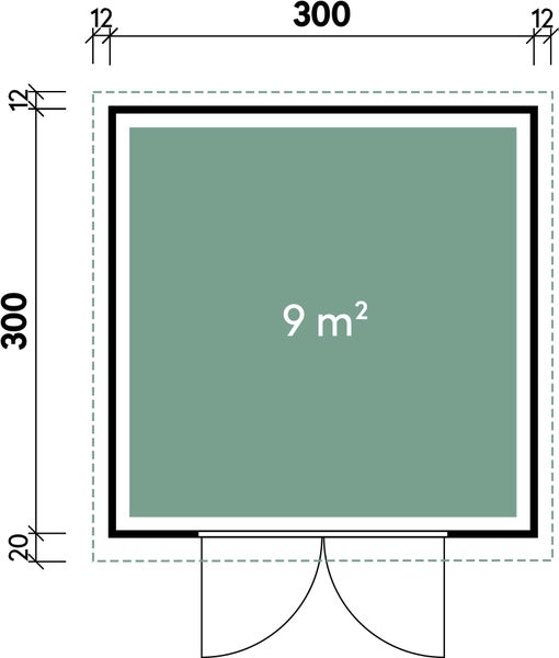 Grundrisszeichnung eines quadratischen Gartenhauses mit 9 Quadratmetern Grundfläche und Maßen von 300 mal 300 Zentimetern.
