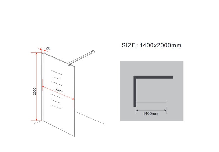 Technische Zeichnung einer Duschwand mit Maßangaben