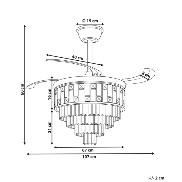Technische Zeichnung eines Deckenventilators mit integrierter Leuchte inklusive Maßangaben zur Planung und Montage.