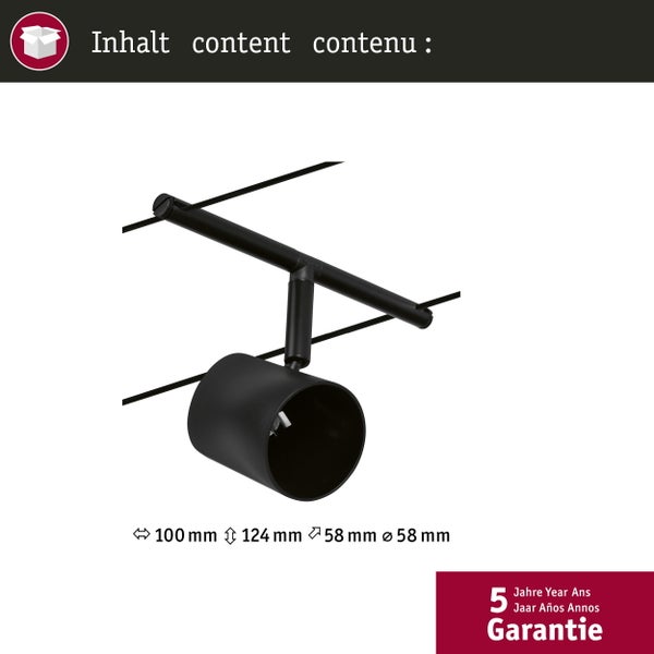 Schwarzer zylindrischer Strahler für Schienensystem, 100 mal 124 mal 58 Millimeter, Durchmesser 58 Millimeter, 5 Jahre Garantie.