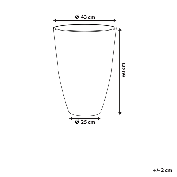Skizze Pflanzgefäß: oberer Durchmesser 43 Zentimeter, unterer Durchmesser 25 Zentimeter, Höhe 60 Zentimeter, Abweichung plus minus 2 Zentimeter.