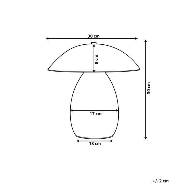 Skizze Tischleuchte Pilzform: Höhe 30 Zentimeter, Breite 30 Zentimeter, Fuß 13 Zentimeter, Abweichung plus minus 2 Zentimeter.