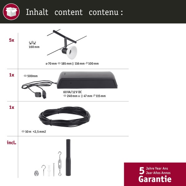CorDuo Seilsystem Sheela Basisset GU5,3 max. 5x10W 230/12V Schwarz matt, Chrom