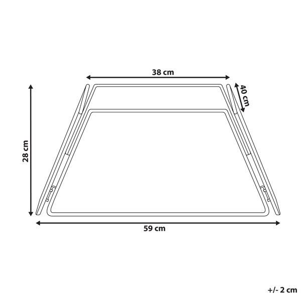 Abmessungen eines Artikels: 28 cm Höhe, 38 cm Breite oben und 59 cm Breite unten, mit einer Tiefe von 40 cm.