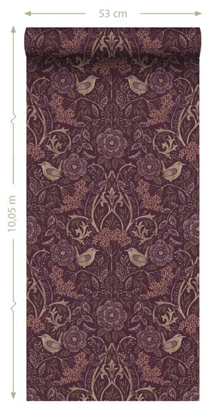 ESTAhome Tapete Blumen und Vögel Aubergineviolett - 50 x 900 cm - 131635