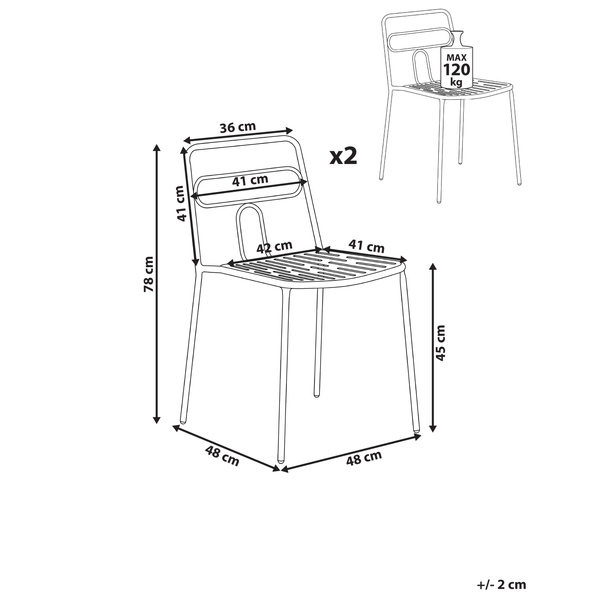 Technische Zeichnung eines Stuhls mit Maßangaben und maximaler Belastbarkeit von 120 kg