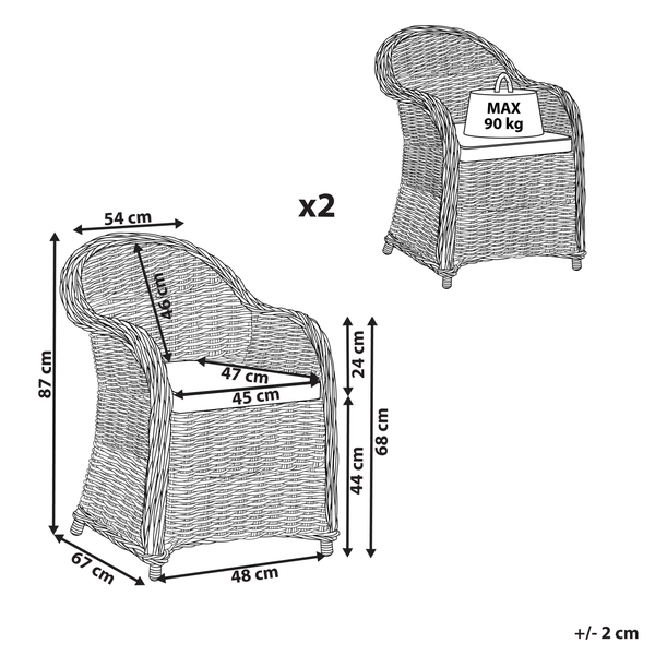 Gartensessel 2er Set mit Auflagen SUSUA Rattan Naturfarben