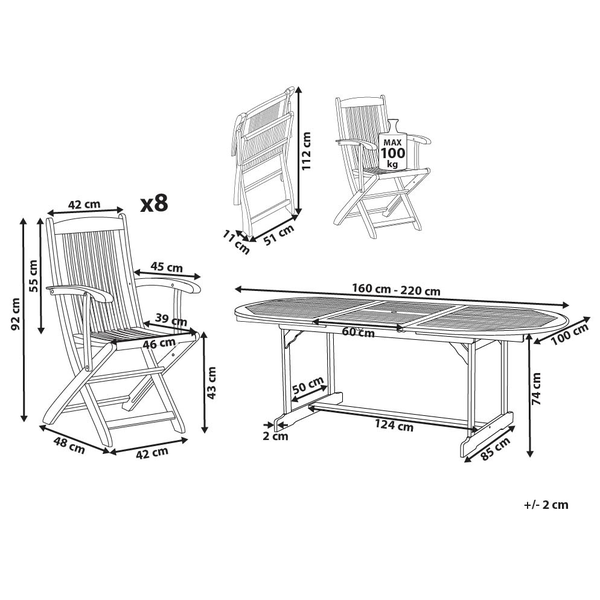 Technische Zeichnung von acht Gartenstühlen und einem Gartentisch mit Maßen