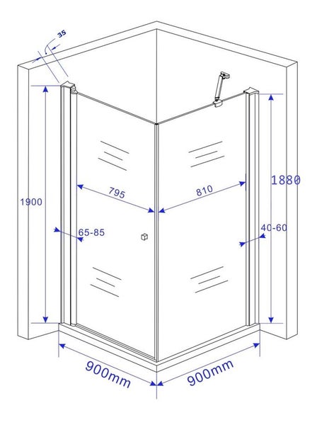 Technische Zeichnung einer Eckdusche mit Maßangaben