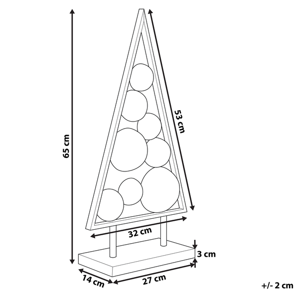 Maßskizze Weihnachtsbaumdekoration: Höhe 65 Zentimeter, Breite 32 Zentimeter, Tiefe 14 Zentimeter, Toleranz plus minus 2 Zentimeter.